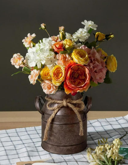 Rustic Metal Planter with Rope Bow Farmhouse Flower Pot