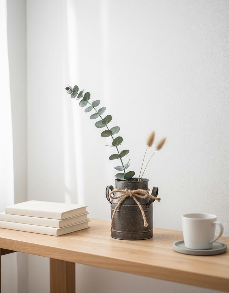 Rustic Metal Planter with Rope Bow Farmhouse Flower Pot