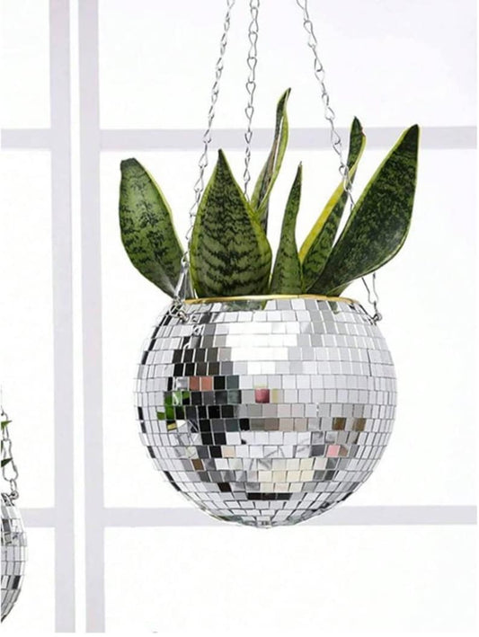Disco Ball Hanging Planter Mirror Mosaic with Gold Rim Boho Decor