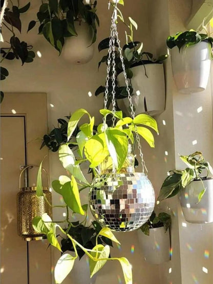 Disco Ball Hanging Planter Mirror Mosaic with Gold Rim Boho Decor