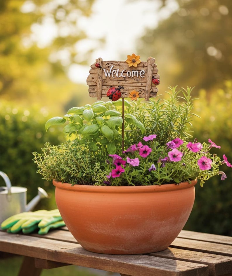 Welcome Garden Stake Resin Planter Decor Ladybug Flower Sign