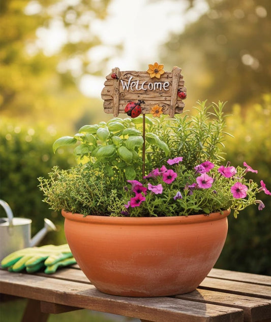 Welcome Garden Stake Resin Planter Decor Ladybug Flower Sign