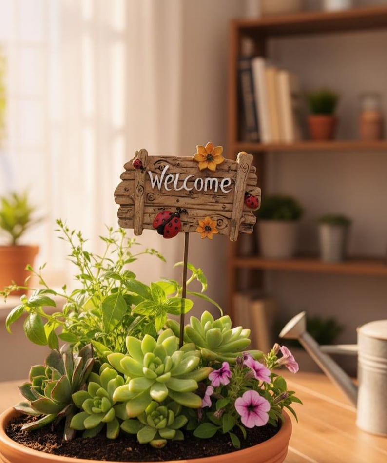 Welcome Garden Stake Resin Planter Decor Ladybug Flower Sign