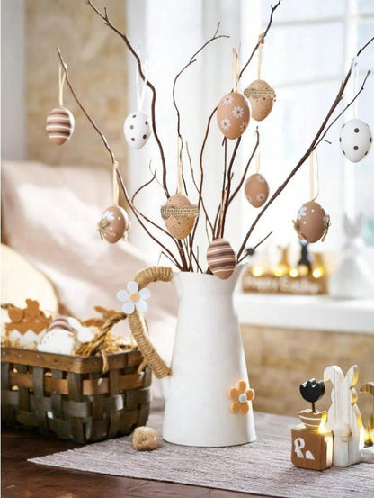 Set of 12 Hanging Easter Eggs Decor Neutral Spring Ornaments