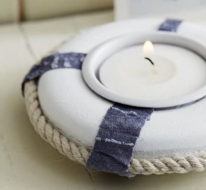Nautical Life Ring Tea Light Holders Set of 2 Coastal Beach Candle Holders