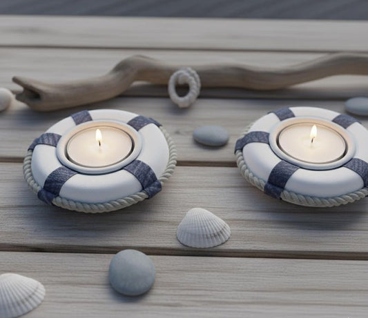 Nautical Life Ring Tea Light Holders Set of 2 Coastal Beach Candle Holders