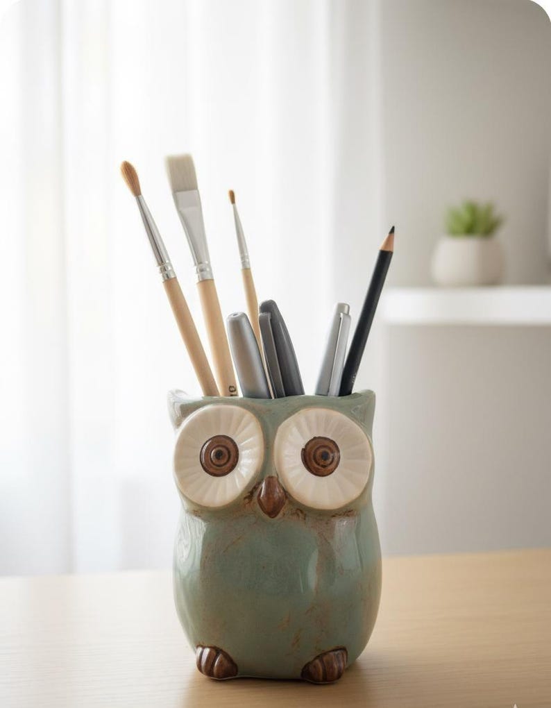 Rustic Ceramic Owl Vase Cute Owl Pen Holder Planter