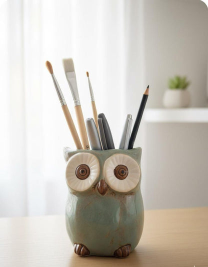 Rustic Ceramic Owl Vase Cute Owl Pen Holder Planter