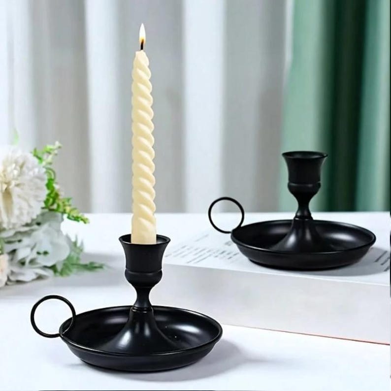 Vintage Brass Chamberstick Candle Holder Copper & Black Handheld Metal