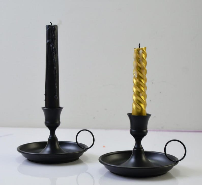 Vintage Brass Chamberstick Candle Holder Copper & Black Handheld Metal