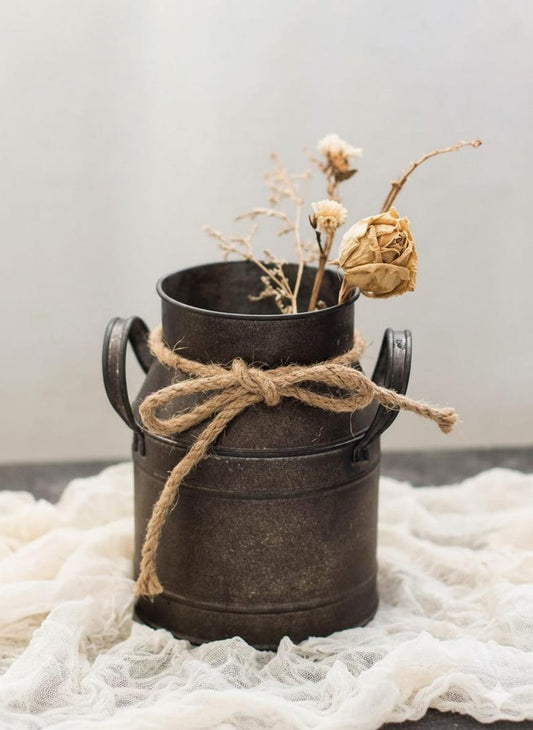 Rustic Metal Planter with Rope Bow Farmhouse Flower Pot
