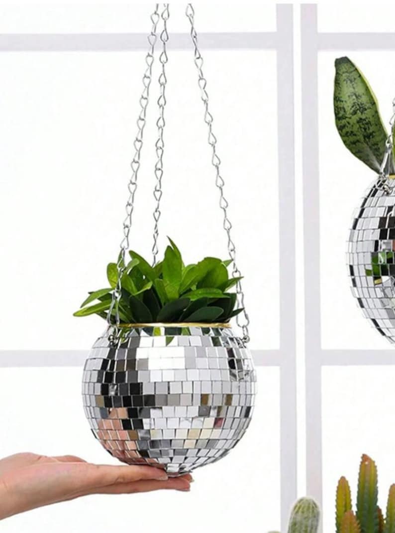 Disco Ball Hanging Planter Mirror Mosaic with Gold Rim Boho Decor