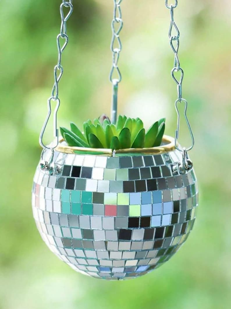 Disco Ball Hanging Planter Mirror Mosaic with Gold Rim Boho Decor