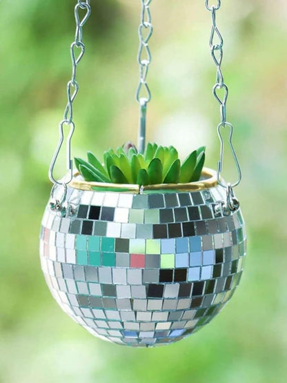 Disco Ball Hanging Planter Mirror Mosaic with Gold Rim Boho Decor