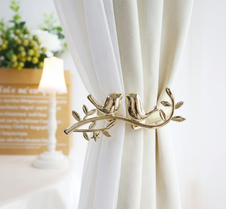 Metal Bird on Branch Curtain Tie Back Silver & Gold Window Holdback
