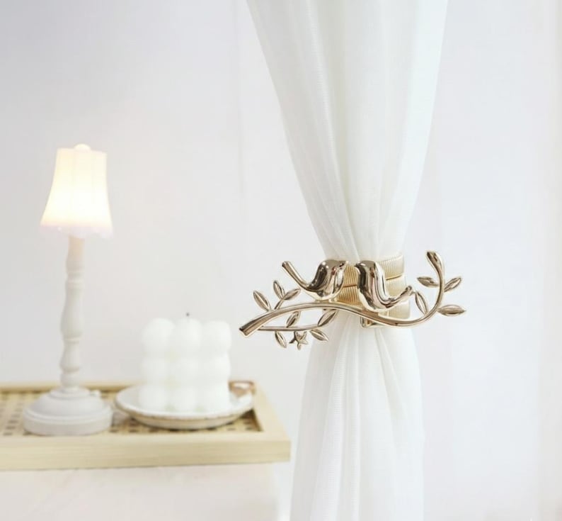Metal Bird on Branch Curtain Tie Back Silver & Gold Window Holdback