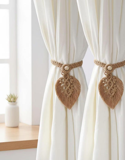 Set of 2 Macrame Leaf Curtain Tie Backs Boho Handmade Drapery Holdbacks