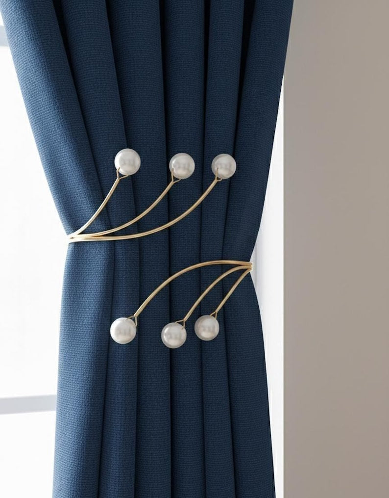 2Pcs Gold Metal Pearl Curtain Tieback Modern Elegant Drapery Holder