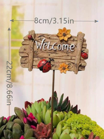 Welcome Garden Stake Resin Planter Decor Ladybug Flower Sign