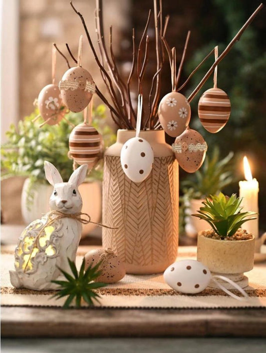 Set of 12 Hanging Easter Eggs Decor Neutral Spring Ornaments