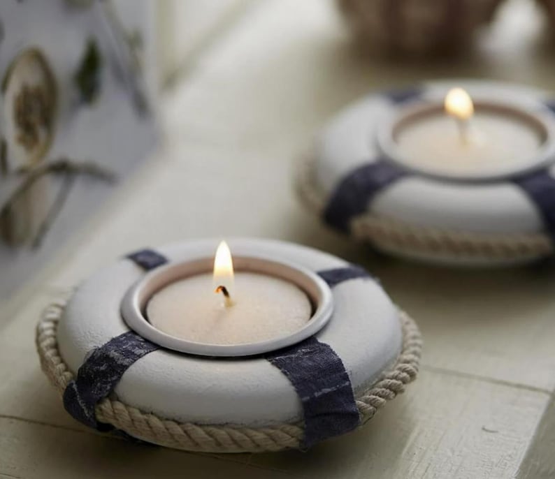 Nautical Life Ring Tea Light Holders Set of 2 Coastal Beach Candle Holders