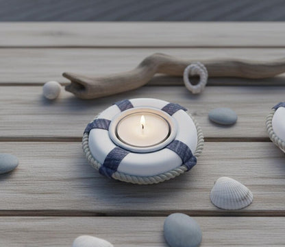 Nautical Life Ring Tea Light Holders Set of 2 Coastal Beach Candle Holders