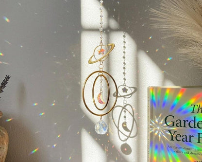 Celestial Planet Sun Catcher Crystal Prism Saturn & Moon Window Hanging