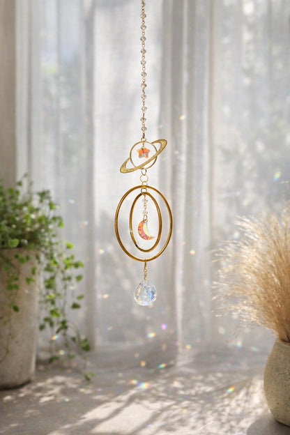 Celestial Planet Sun Catcher Crystal Prism Saturn & Moon Window Hanging