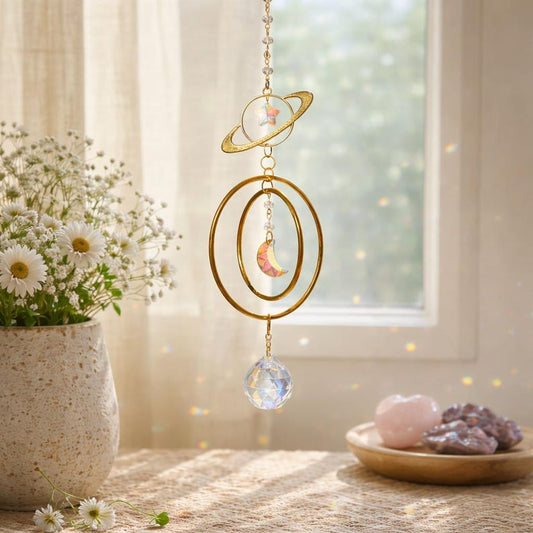 Celestial Planet Sun Catcher Crystal Prism Saturn & Moon Window Hanging