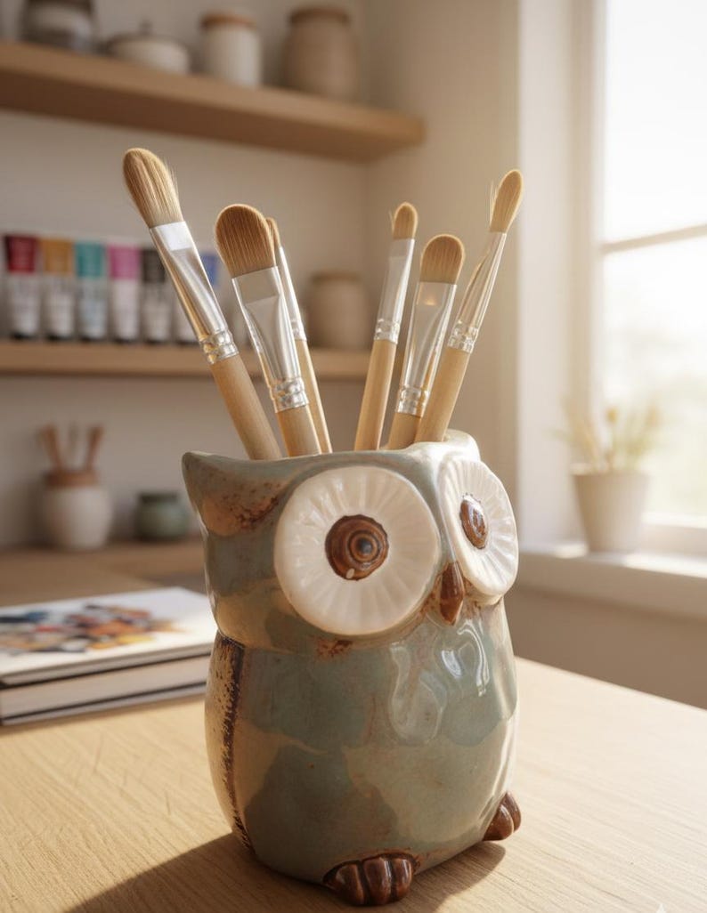 Rustic Ceramic Owl Vase Cute Owl Pen Holder Planter