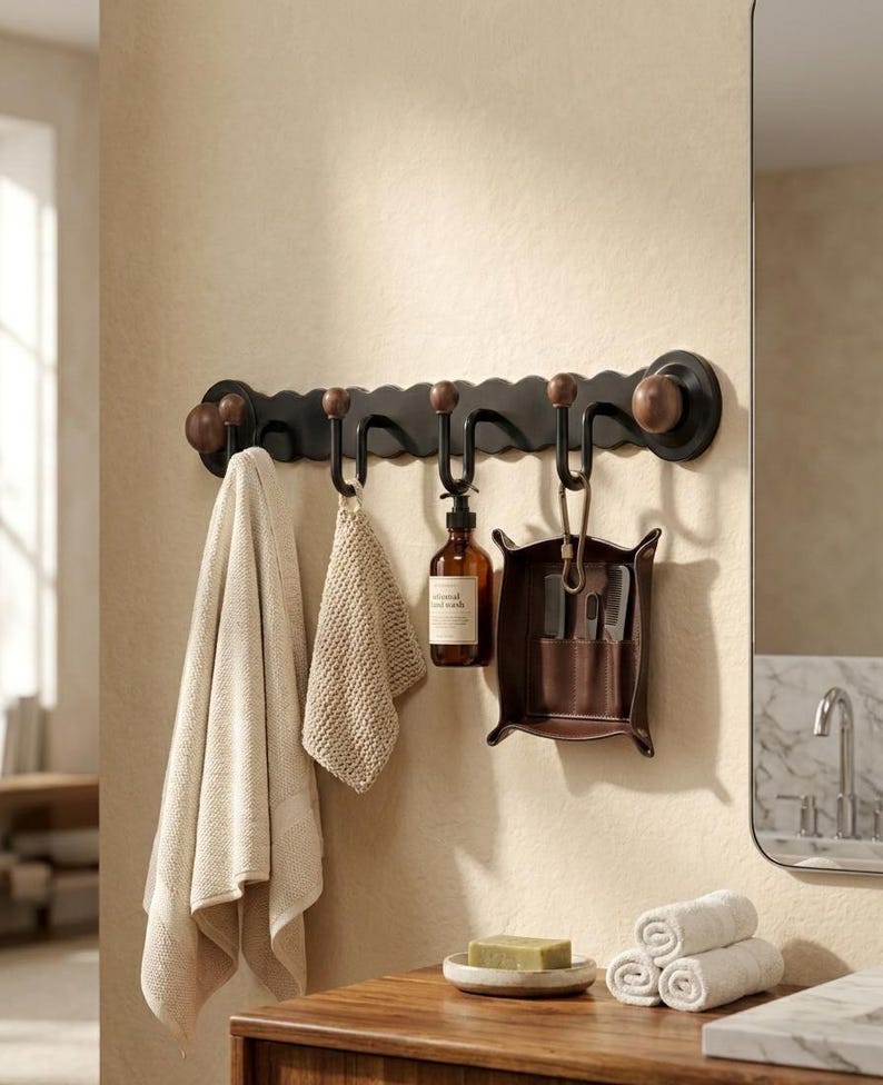 No-Drill Suction Cup Wall Hooks – Metal & Wood Hook Rack, 3 & 4 Hooks
