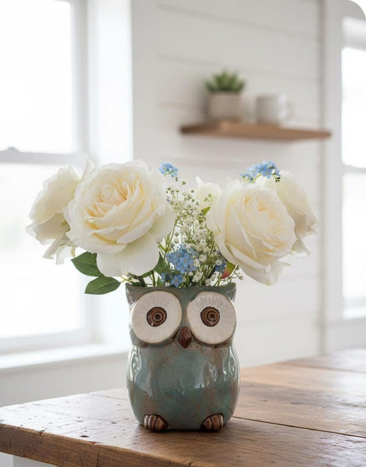 Rustic Ceramic Owl Vase Cute Owl Pen Holder Planter