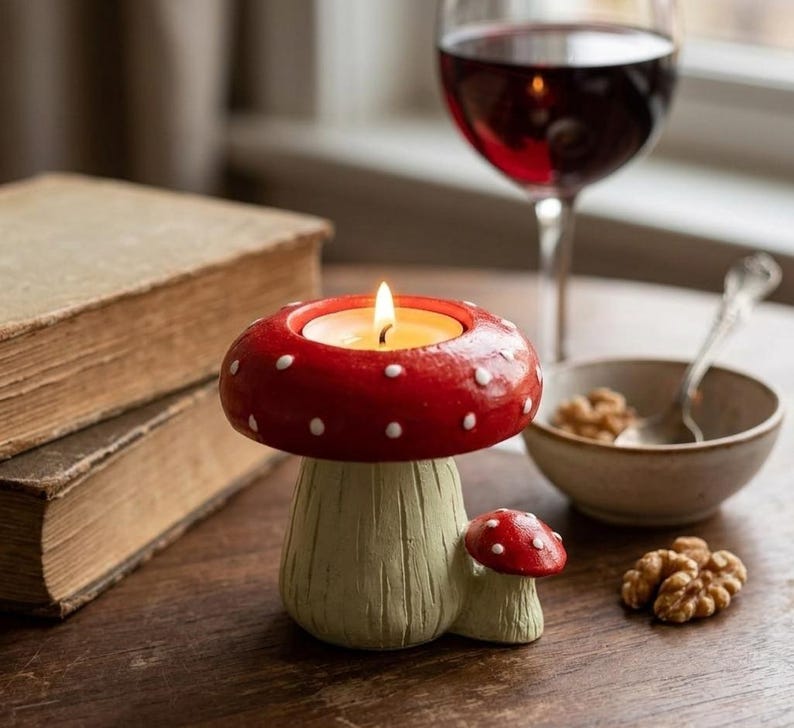 Toadstool Mushroom Tealight Holder Red White Fairycore Resin Candle Holder