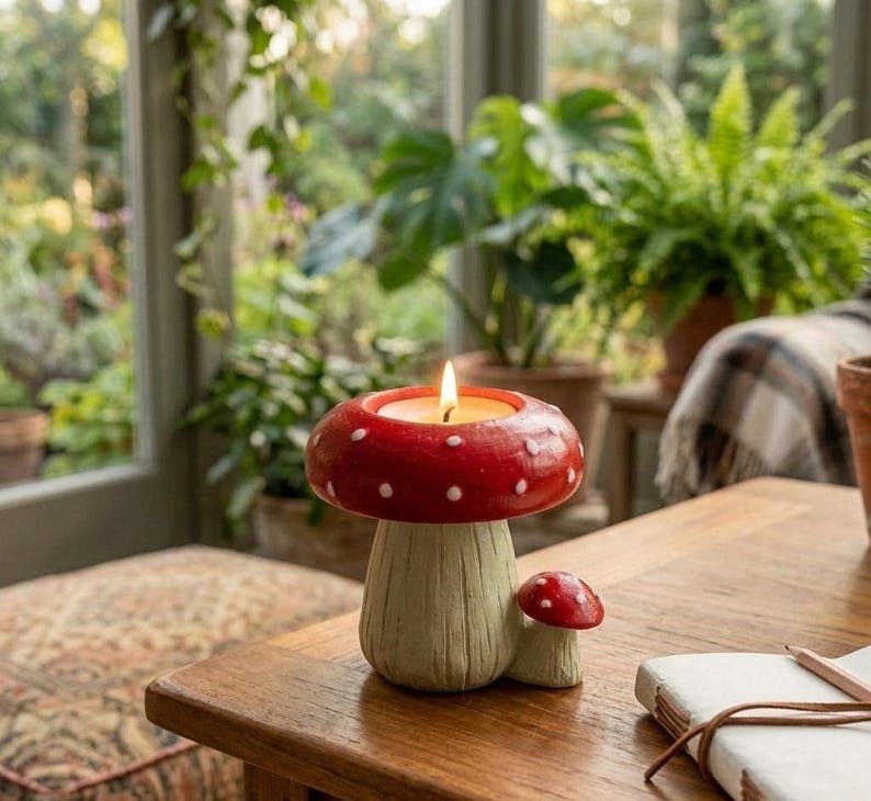 Toadstool Mushroom Tealight Holder Red White Fairycore Resin Candle Holder