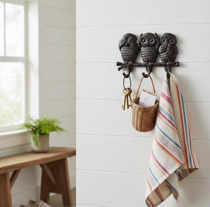 Cast Iron Owl Triple Wall Hook – See Hear Speak No Evil Rustic Hook