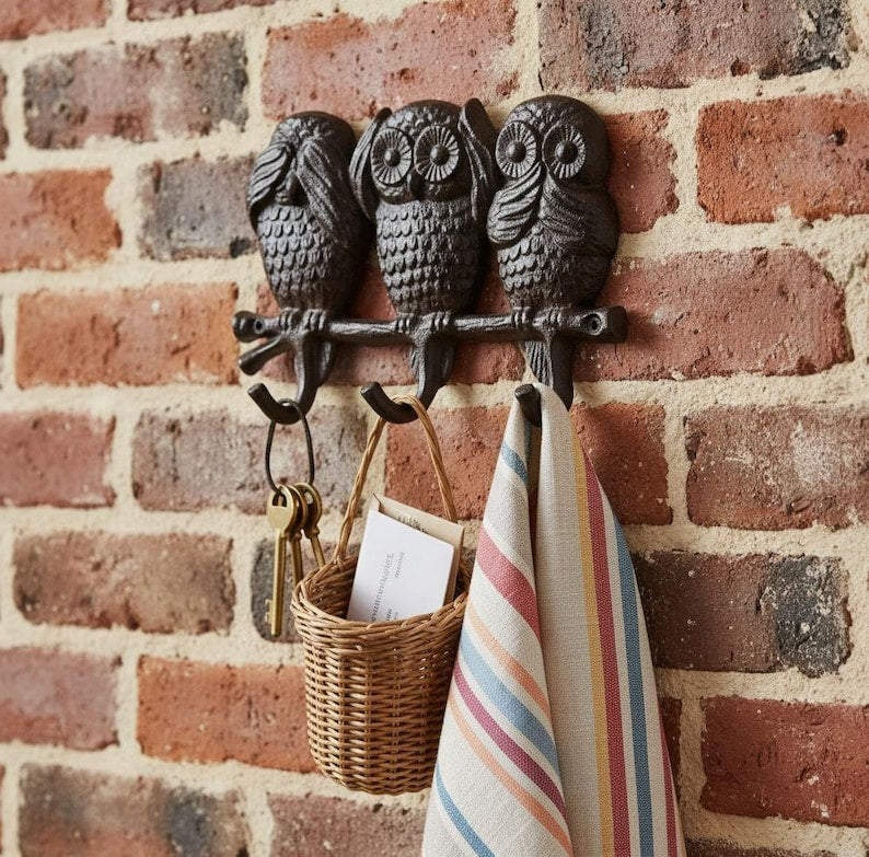 Cast Iron Owl Triple Wall Hook – See Hear Speak No Evil Rustic Hook
