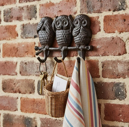 Cast Iron Owl Triple Wall Hook – See Hear Speak No Evil Rustic Hook