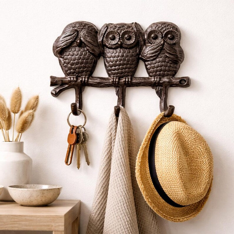 Cast Iron Owl Triple Wall Hook – See Hear Speak No Evil Rustic Hook
