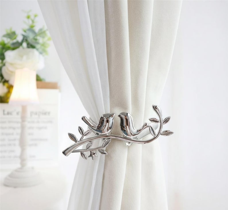 Metal Bird on Branch Curtain Tie Back Silver & Gold Window Holdback