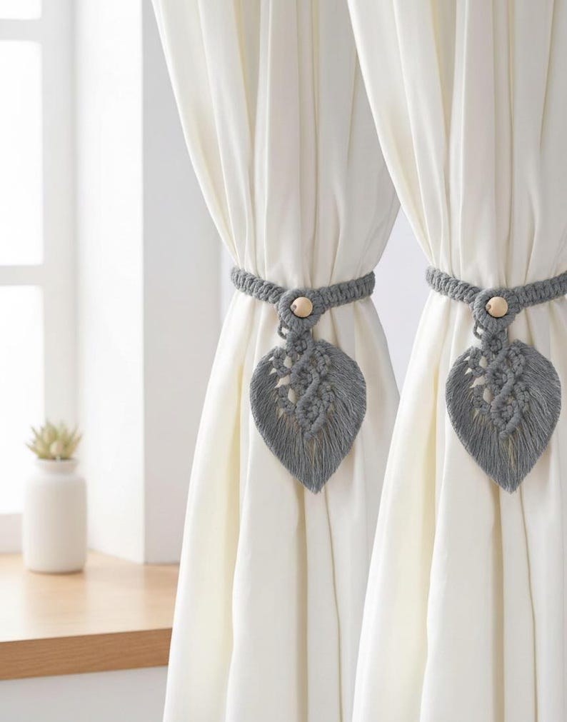 Set of 2 Macrame Leaf Curtain Tie Backs Boho Handmade Drapery Holdbacks
