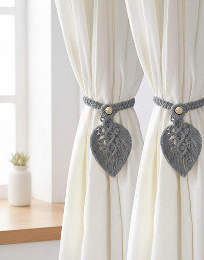 Set of 2 Macrame Leaf Curtain Tie Backs Boho Handmade Drapery Holdbacks