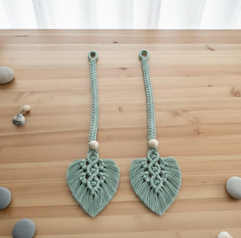 Set of 2 Macrame Leaf Curtain Tie Backs Boho Handmade Drapery Holdbacks