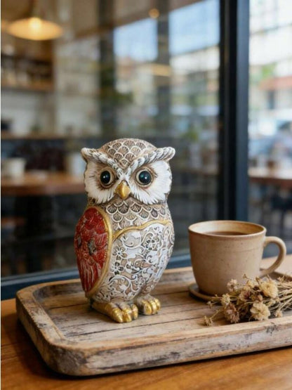 Hand-Painted Wooden Owl Figurine Miniature Carved Shelf Sitter