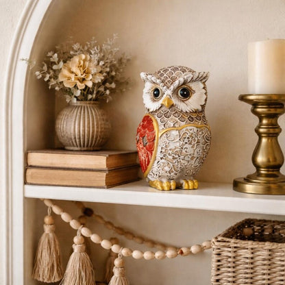 Hand-Painted Wooden Owl Figurine Miniature Carved Shelf Sitter