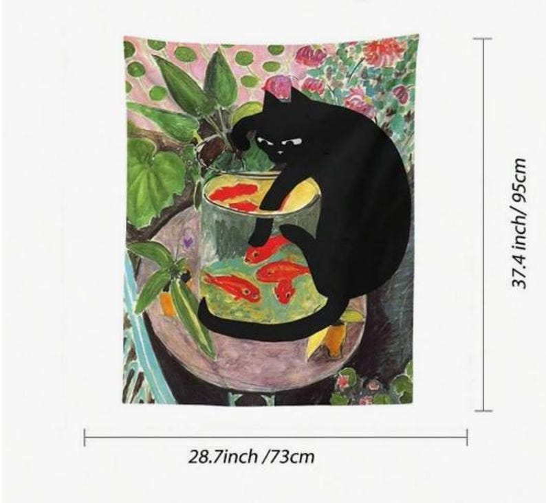 Black Cat & Goldfish Painted Tapestry – Vibrant Cute Cat Wall Hanging