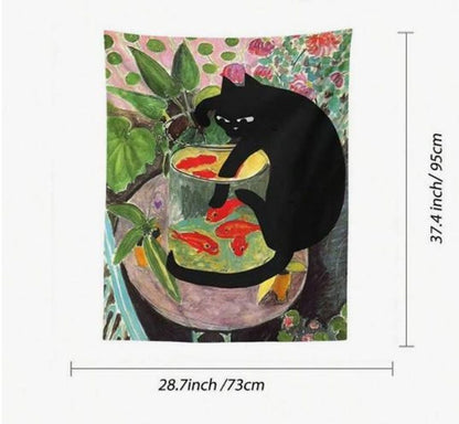 Black Cat & Goldfish Painted Tapestry – Vibrant Cute Cat Wall Hanging