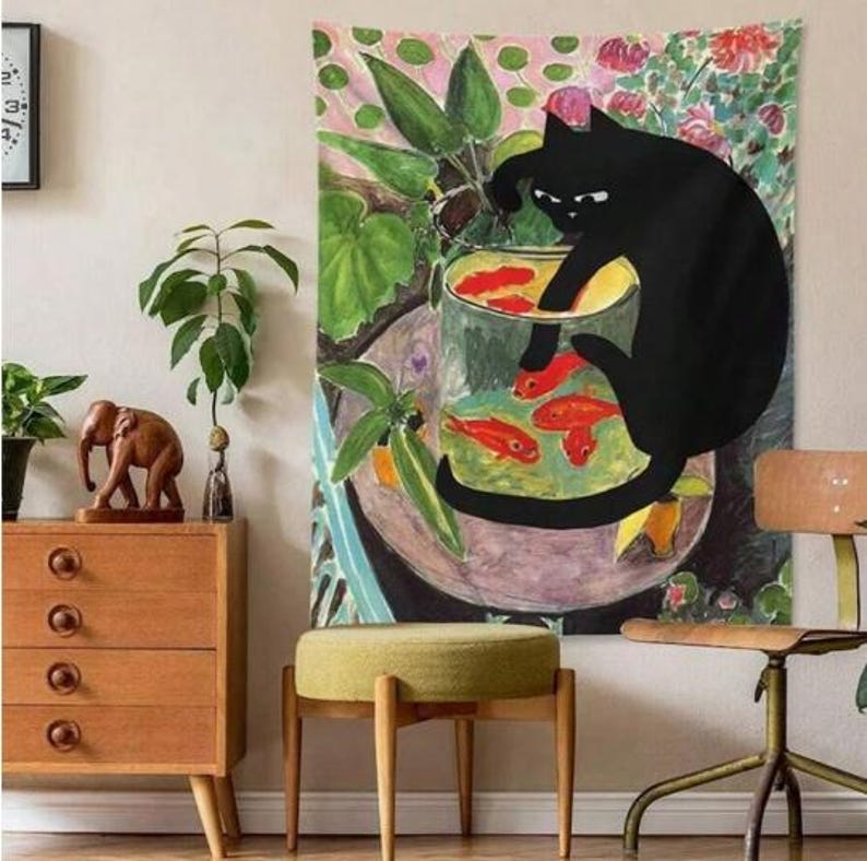 Black Cat & Goldfish Painted Tapestry – Vibrant Cute Cat Wall Hanging