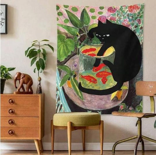 Black Cat & Goldfish Painted Tapestry – Vibrant Cute Cat Wall Hanging