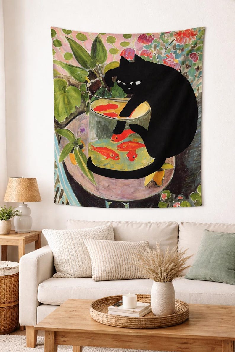 Black Cat & Goldfish Painted Tapestry – Vibrant Cute Cat Wall Hanging