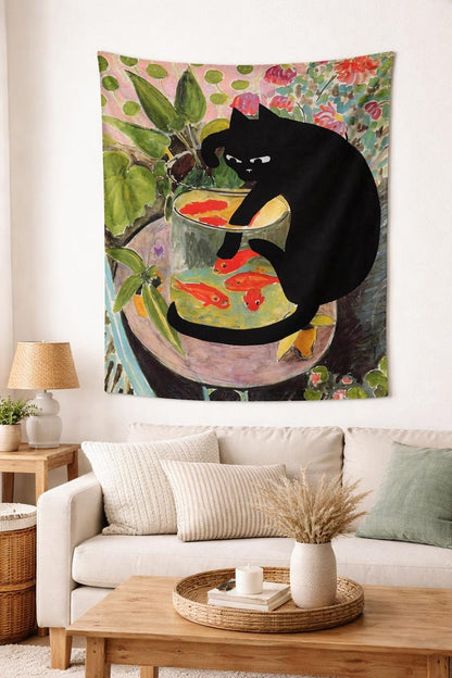 Black Cat & Goldfish Painted Tapestry – Vibrant Cute Cat Wall Hanging